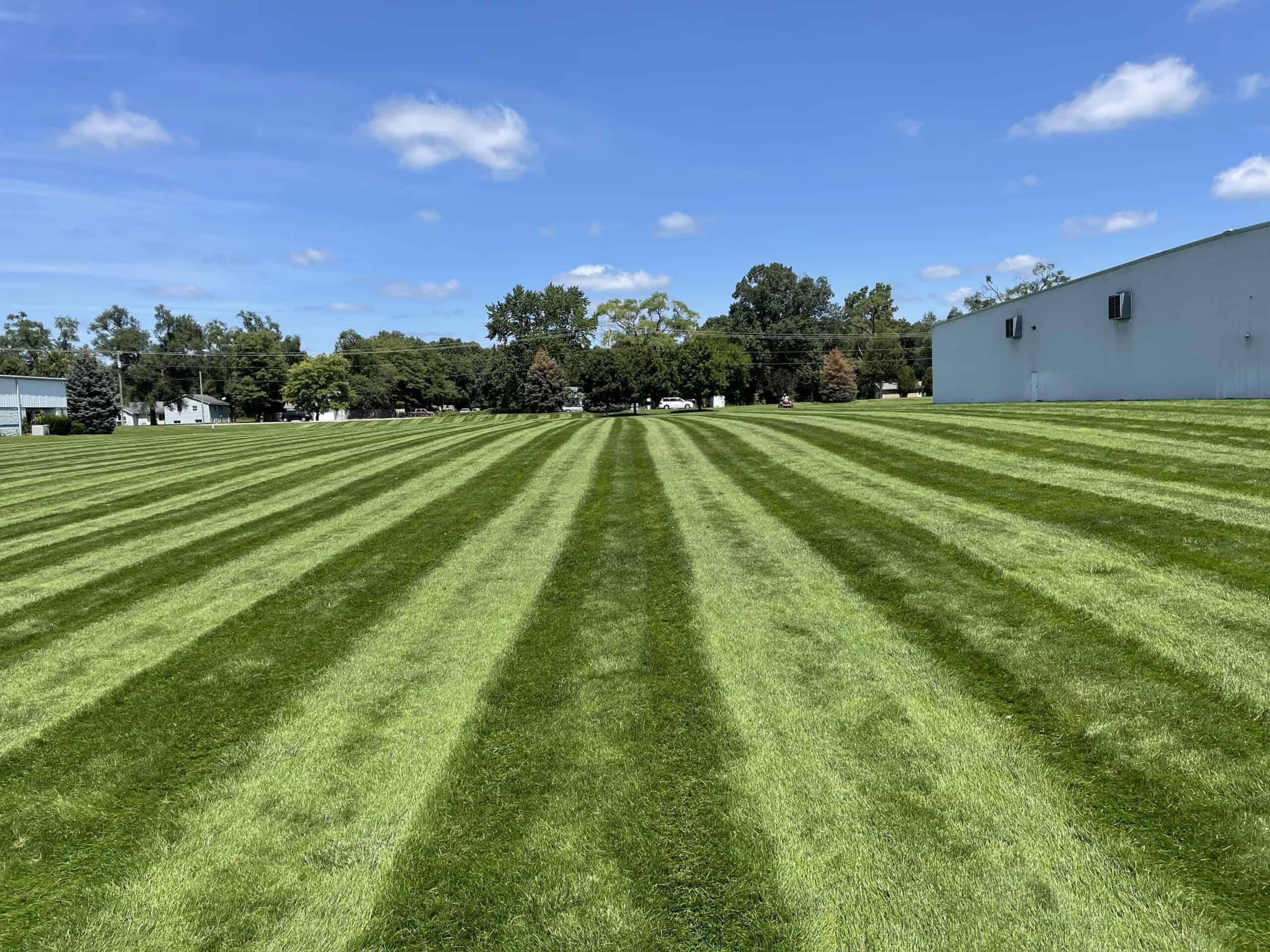 Large, freshly mowed, well-maintained green lawn behind home in Granger, IN 