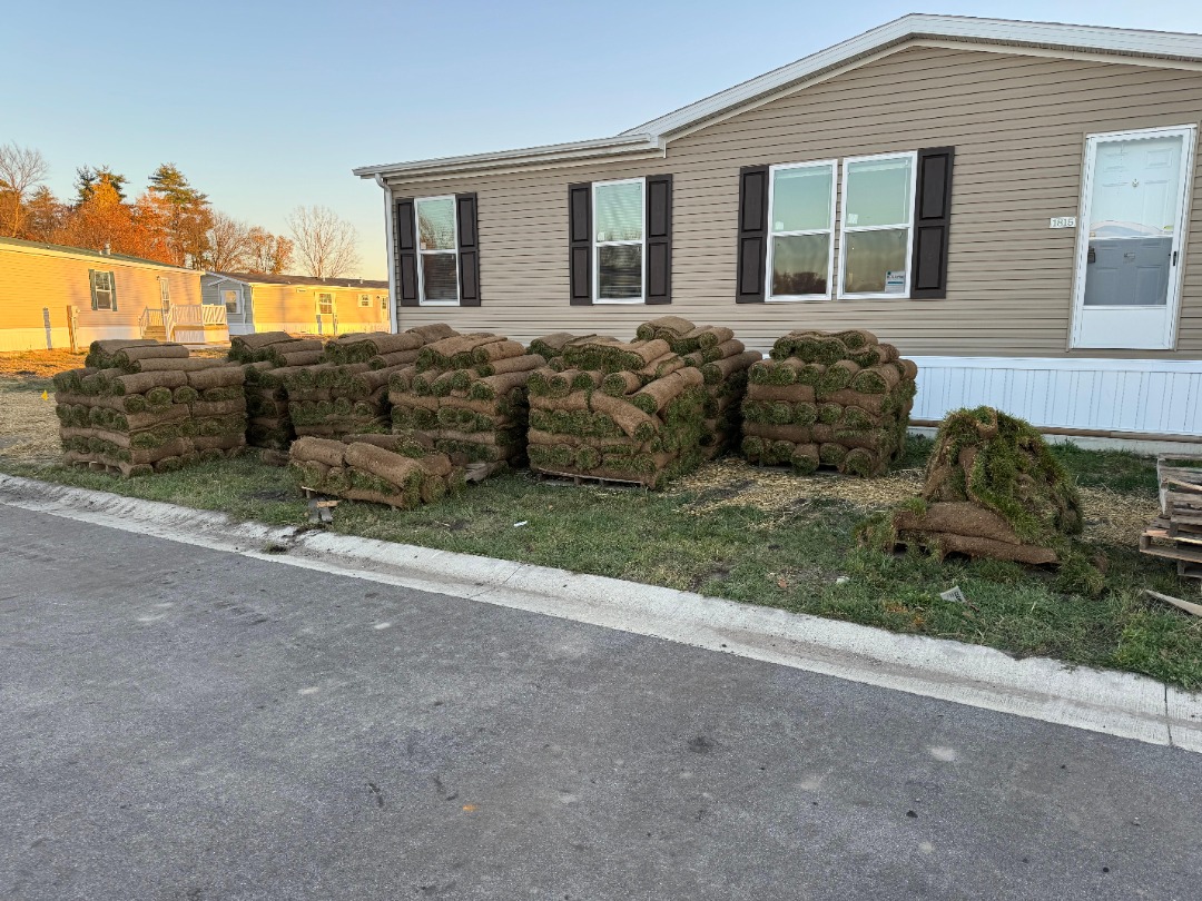 Rolled sod pallets sit on a patchy front lawn outside a beige mobile home, ready for installation across the yard.